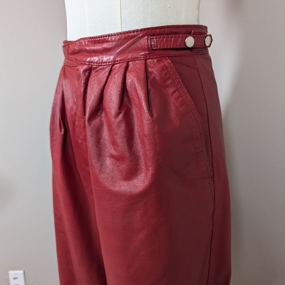 Vintage 80s Red High Waist Genuine Leather Pants Sz 5 Pleated Front - Picture 4 of 8